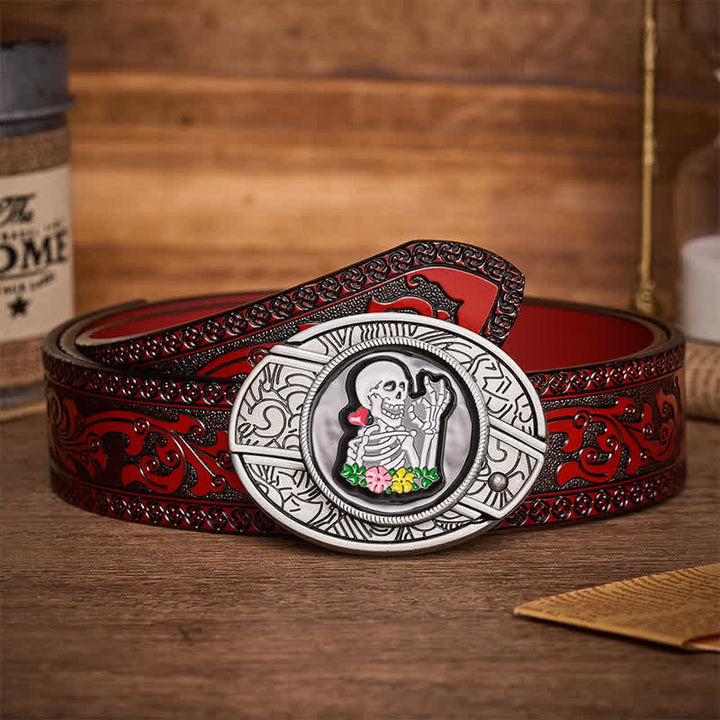 Ceinture en cuir avec boucle de couteau pliant caché, motif floral squelette (DIY). - D'accord, squelette - Ceinture sculptée marron - 42 - image 6