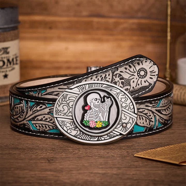 Ceinture en cuir avec boucle de couteau pliant caché, motif floral squelette (DIY). - D'accord, squelette - Ceinture à fleurs grises - 42 - image 8