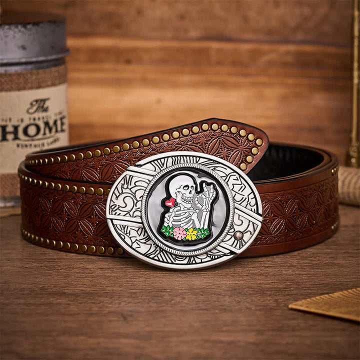 Ceinture en cuir avec boucle de couteau pliant caché, motif floral squelette (DIY). - D'accord, squelette - Ceinture à rivets marron - 42 - image 4