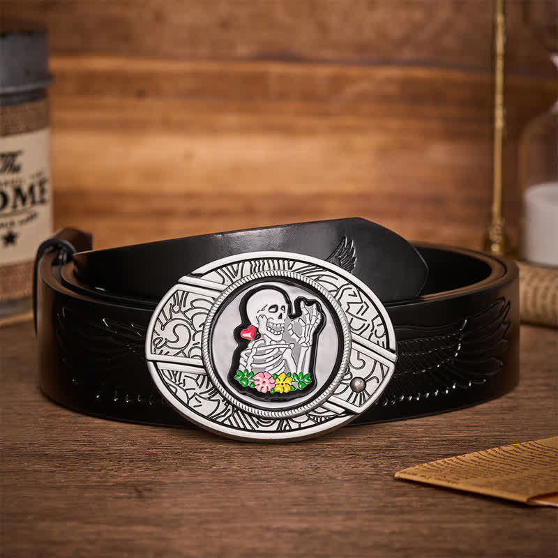 Ceinture en cuir avec boucle de couteau pliant caché, motif floral squelette (DIY). - D'accord, squelette - Ceinture noire à motif aigle en relief - 42 - image 2