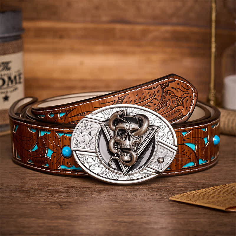 Ceinture en cuir avec boucle de couteau pliant caché en forme de crâne de serpent démon triangulaire - Crâne de serpent - Ceinture turquoise sculptée - 42 - image 3