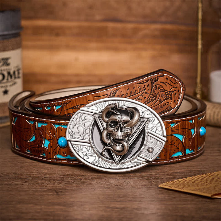Ceinture en cuir avec boucle de couteau pliant caché en forme de crâne de serpent démon triangulaire - Crâne de serpent - Ceinture turquoise sculptée - 42 - image 3