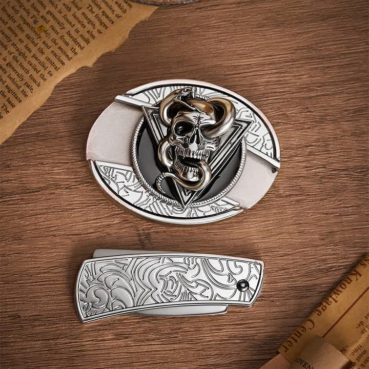 Ceinture en cuir avec boucle de couteau pliant caché en forme de crâne de serpent démon triangulaire - image 10