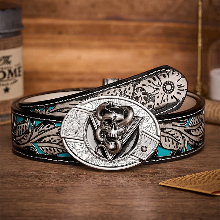 Ceinture en cuir avec boucle de couteau pliant caché en forme de crâne de serpent démon triangulaire - Crâne de serpent - Ceinture à fleurs grises - 42 - image 8