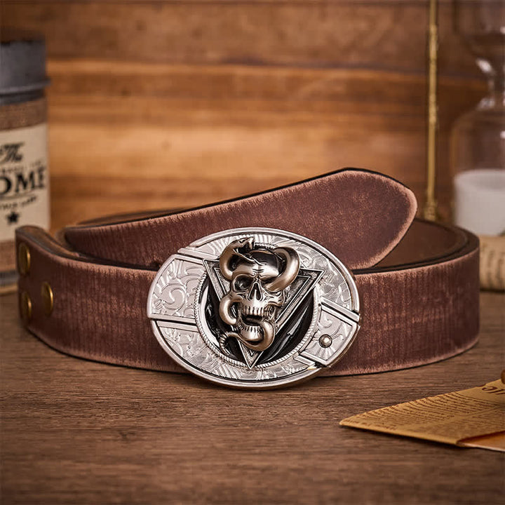 Ceinture en cuir avec boucle de couteau pliant caché en forme de crâne de serpent démon triangulaire - Crâne de serpent - Ceinture marron vieillie - 42 - image 5
