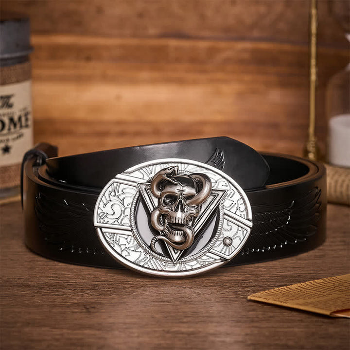 Ceinture en cuir avec boucle de couteau pliant caché en forme de crâne de serpent démon triangulaire - Crâne de serpent - Ceinture noire à motif aigle en relief - 42 - image 2
