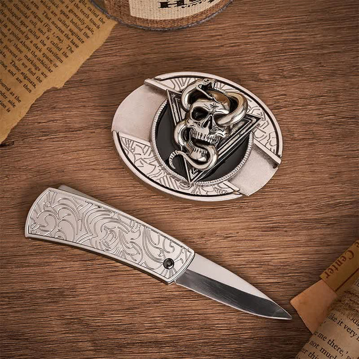 Ceinture en cuir avec boucle de couteau pliant caché en forme de crâne de serpent démon triangulaire - image 1