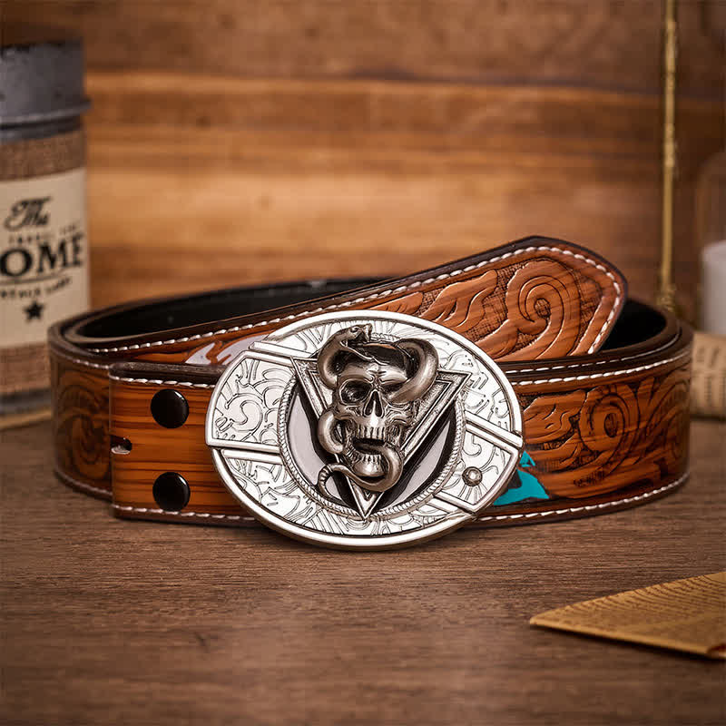 Ceinture en cuir avec boucle de couteau pliant caché en forme de crâne de serpent démon triangulaire - Crâne de serpent - Ceinture de plumes brunes - 40 - image 7