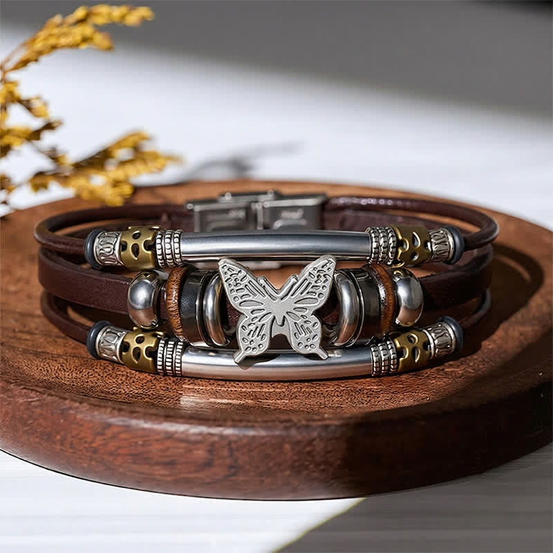 Bracelet vintage en cuir à plusieurs couches, style viking, motif papillon - Brun et argent - image 8