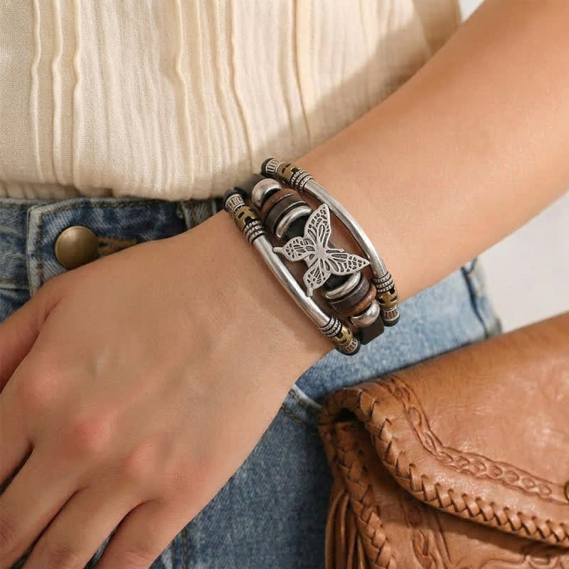 Bracelet vintage en cuir à plusieurs couches, style viking, motif papillon - image 1