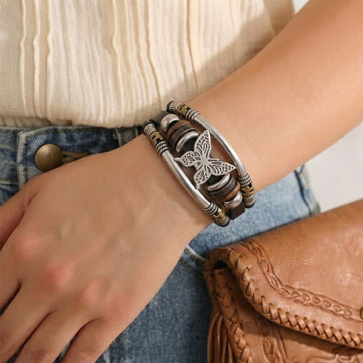 Bracelet vintage en cuir à plusieurs couches, style viking, motif papillon - image 1