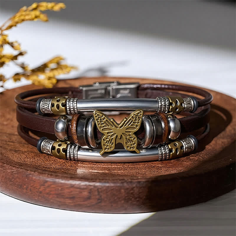 Bracelet vintage en cuir à plusieurs couches, style viking, motif papillon - Brun et bronze - image 6