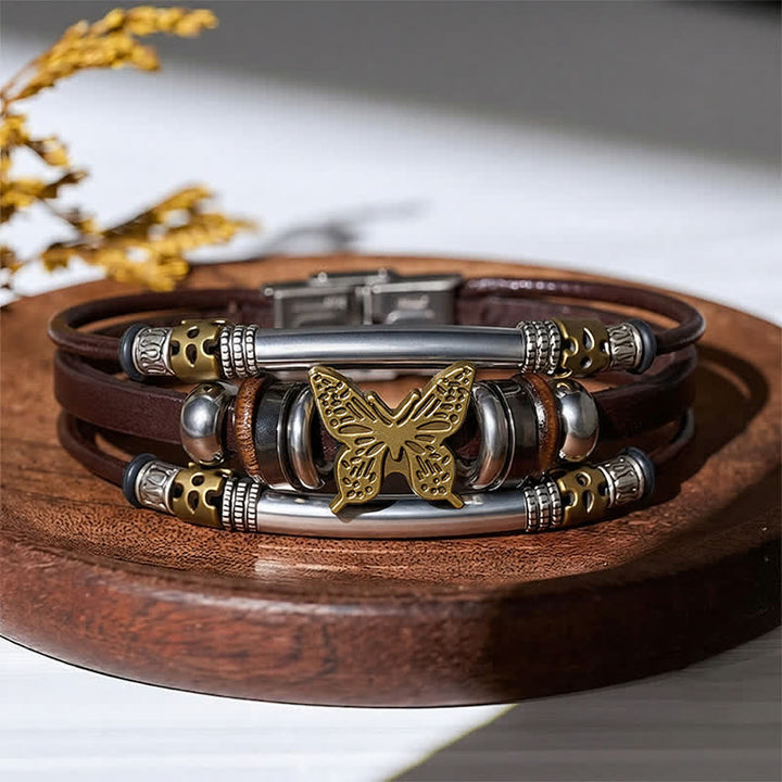 Bracelet vintage en cuir à plusieurs couches, style viking, motif papillon - Brun et bronze - image 6