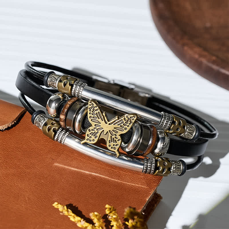 Bracelet vintage en cuir à plusieurs couches, style viking, motif papillon - image 3