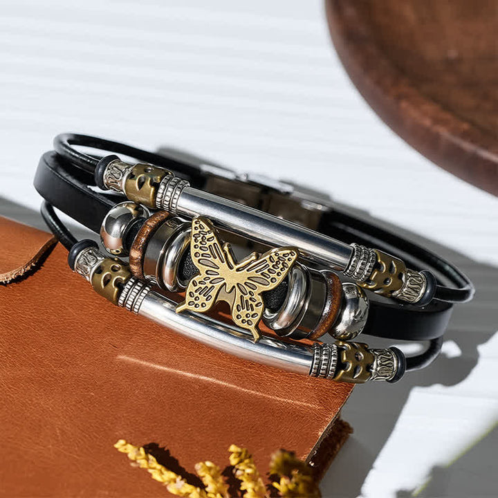 Bracelet vintage en cuir à plusieurs couches, style viking, motif papillon - image 3