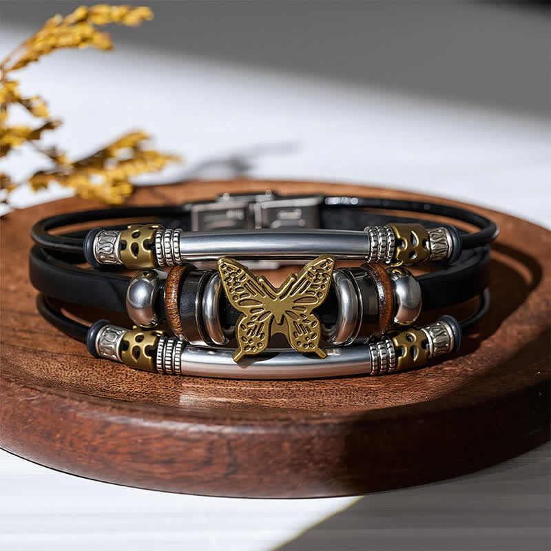Bracelet vintage en cuir à plusieurs couches, style viking, motif papillon - Noir et bronze - image 0