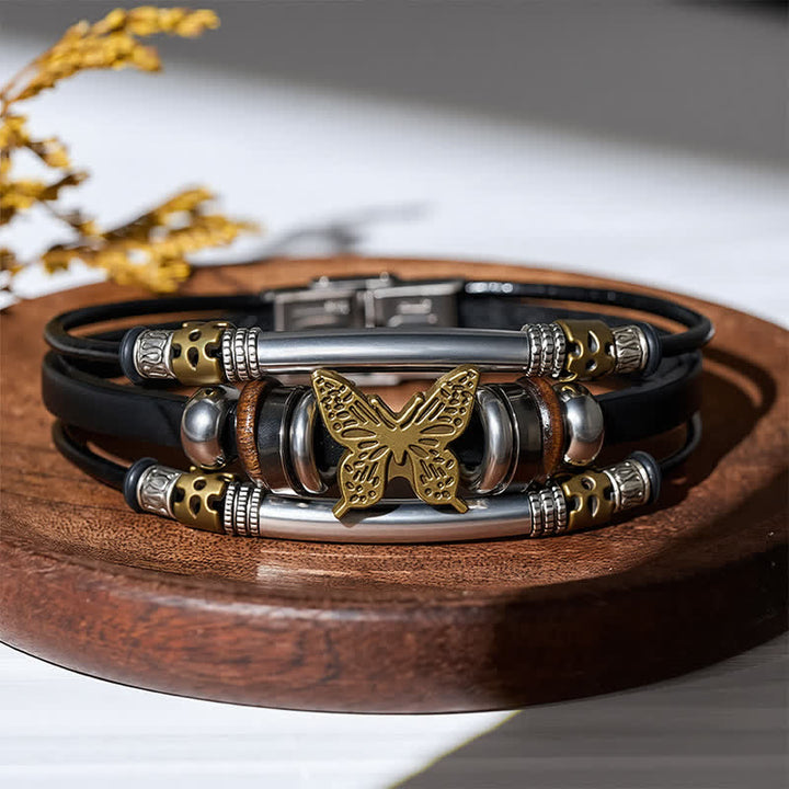 Bracelet vintage en cuir à plusieurs couches, style viking, motif papillon - Noir et bronze - image 0