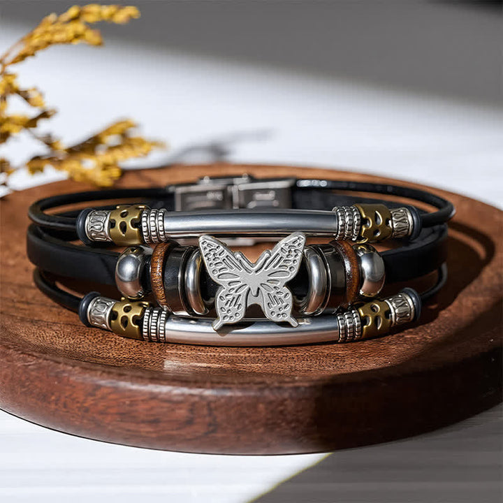 Bracelet vintage en cuir à plusieurs couches, style viking, motif papillon - Noir et argent - image 7