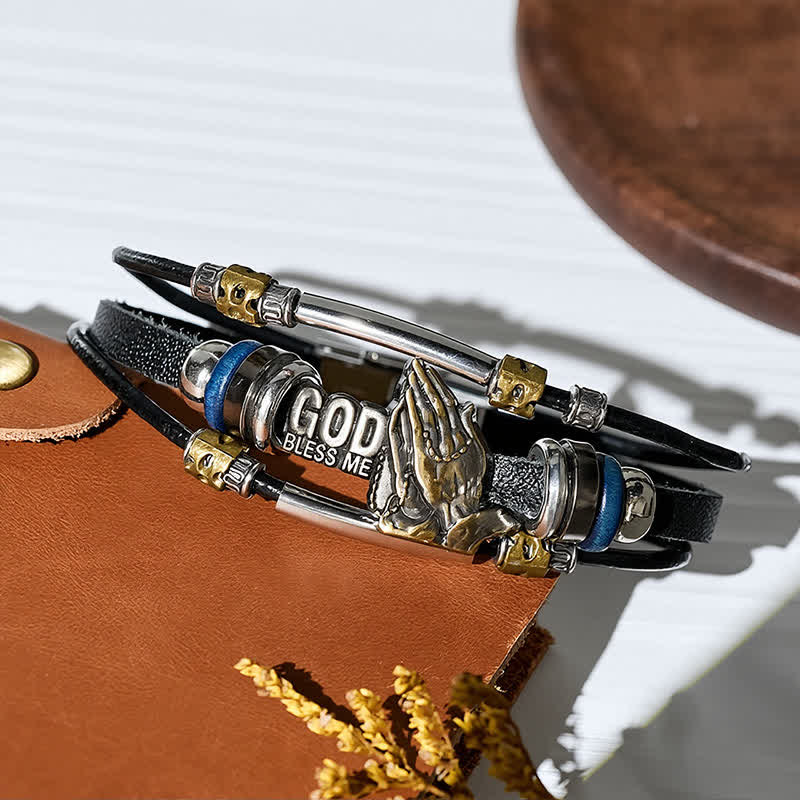 Bracelet vintage en cuir avec mains en prière « Que Dieu me bénisse » - image 2