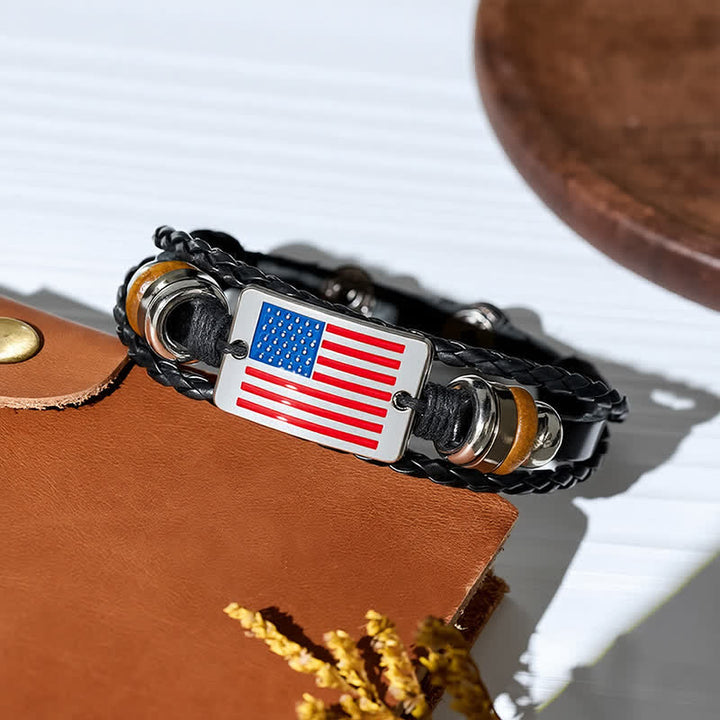 Bracelet vintage en cuir ajustable avec drapeau américain et bouton-pression - image 3