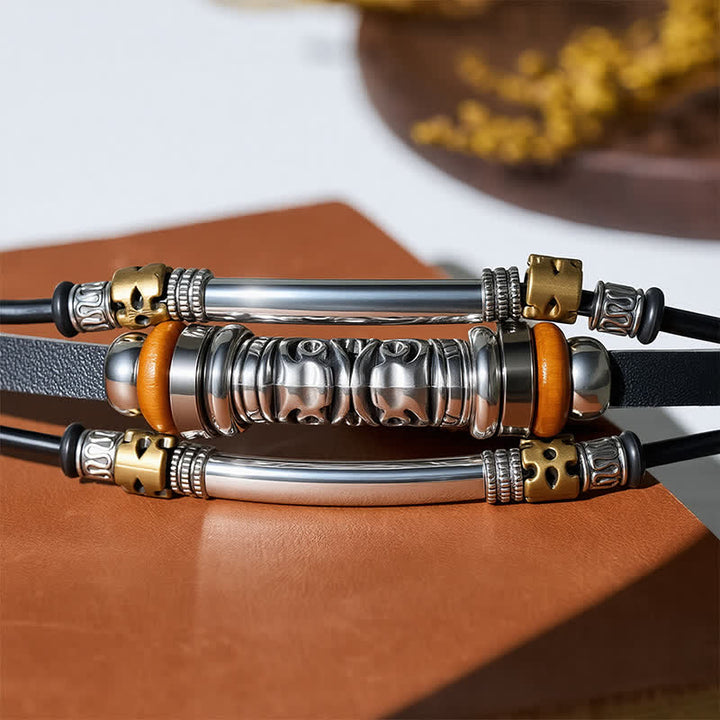 Bracelet en cuir multi-rangs à perles creuses en alliage, style punk rétro - image 6
