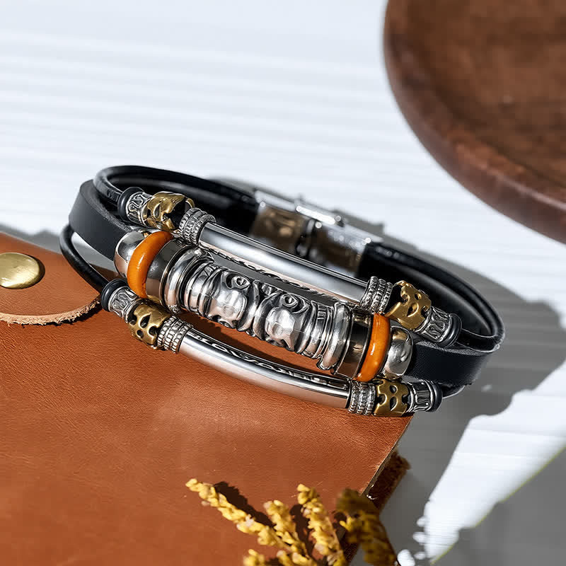 Bracelet en cuir multi-rangs à perles creuses en alliage, style punk rétro - image 3