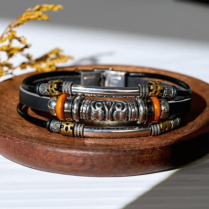 Bracelet en cuir multi-rangs à perles creuses en alliage, style punk rétro - image 4