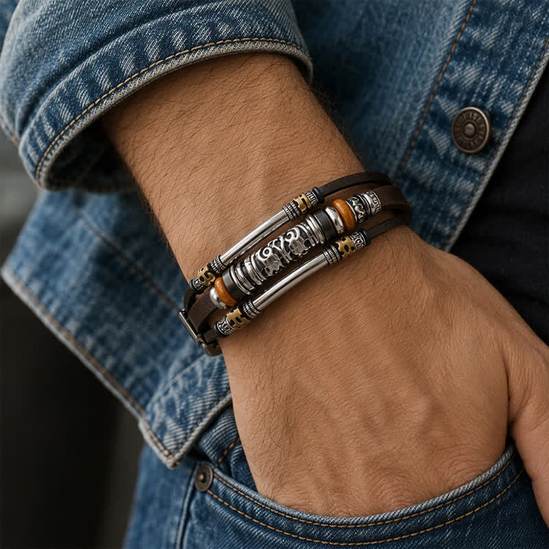 Bracelet en cuir multi-rangs à perles creuses en alliage, style punk rétro - image 2