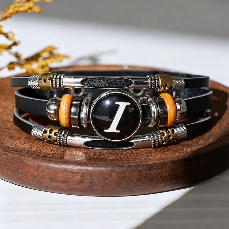 Bracelet en cuir avec 26 initiales et pierres précieuses - Lettre I - image 13