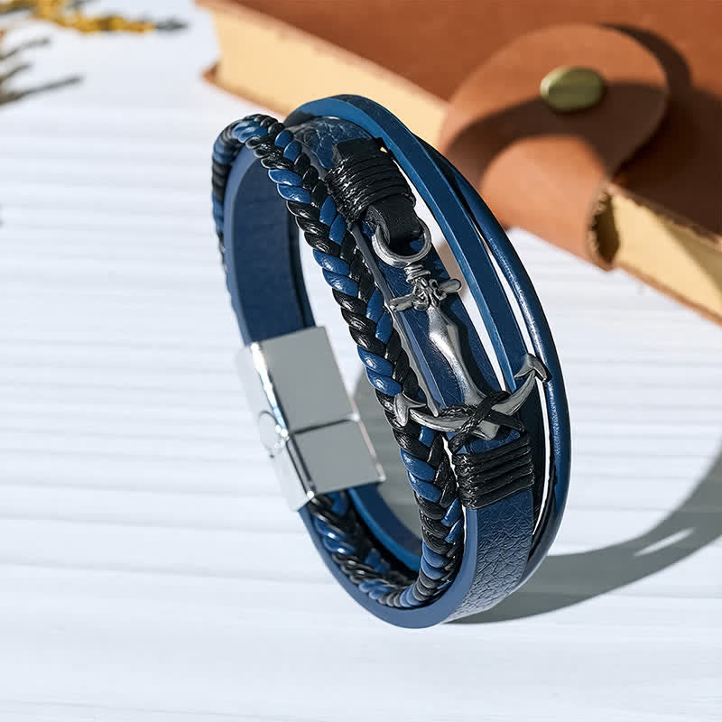 Bracelet en cuir ajustable avec bouton-pression et motif ancre nautique - Bleu marine - image 3