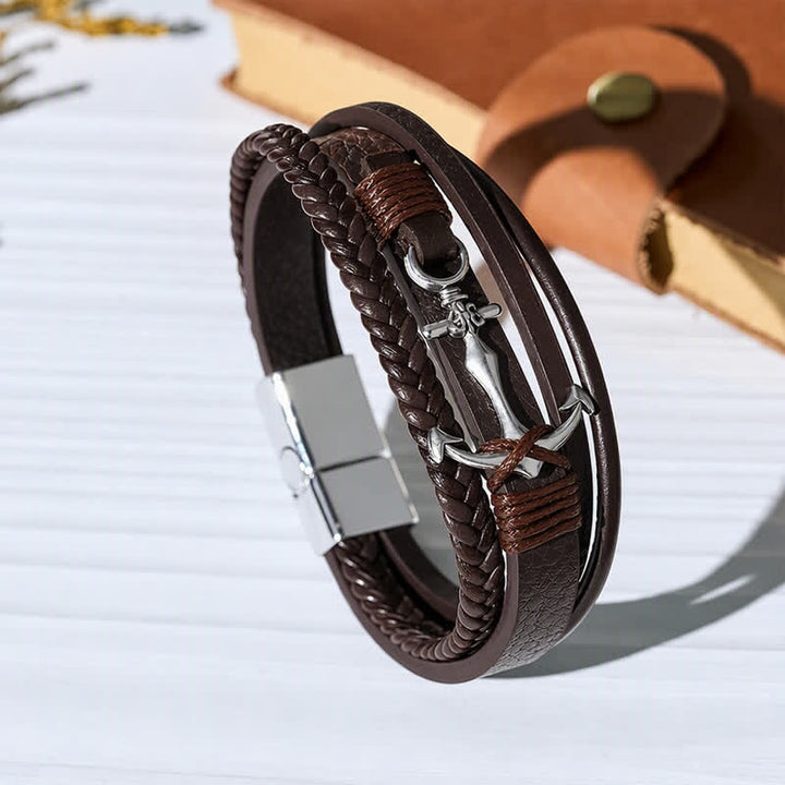 Bracelet en cuir ajustable avec bouton-pression et motif ancre nautique - Café - image 0