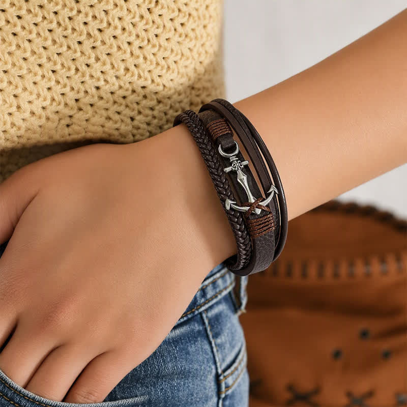 Bracelet en cuir ajustable avec bouton-pression et motif ancre nautique - image 1