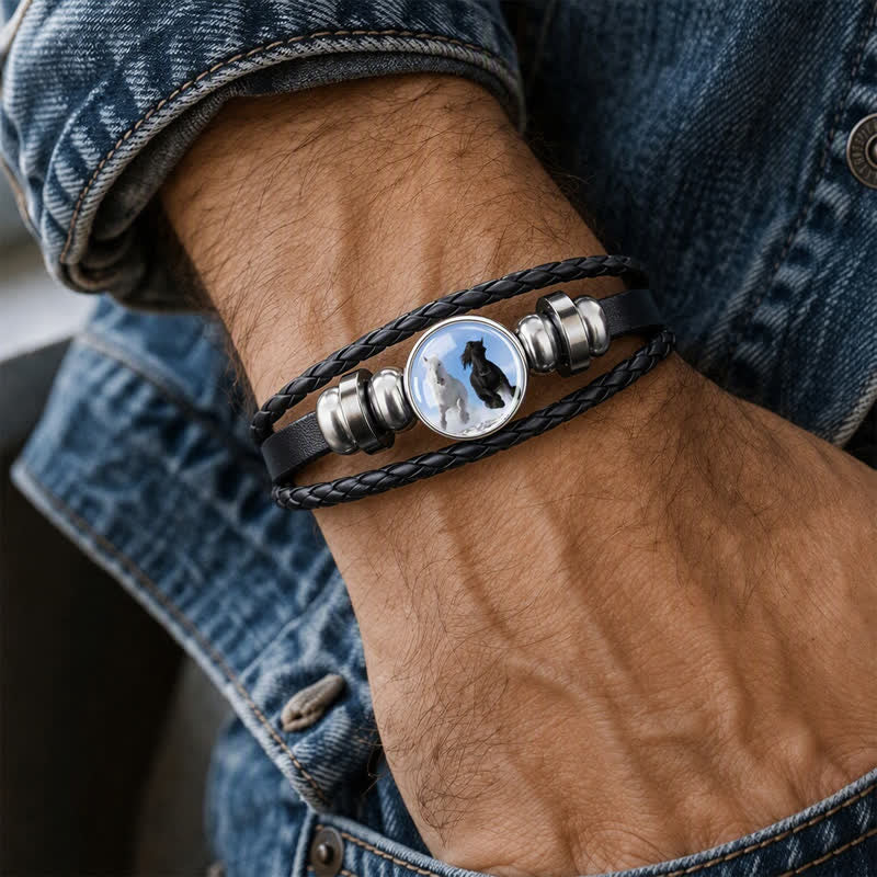 Bracelet en cuir ajustable avec breloque tête de cheval et perles de verre - image 1
