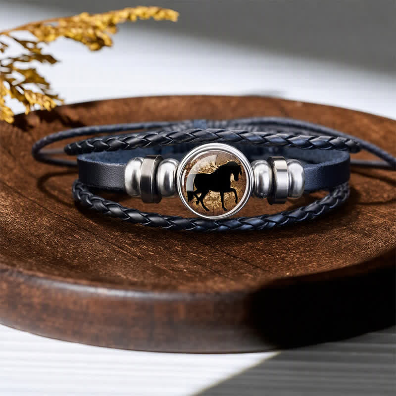 Bracelet en cuir ajustable avec breloque tête de cheval et perles de verre - Cheval noir - image 3