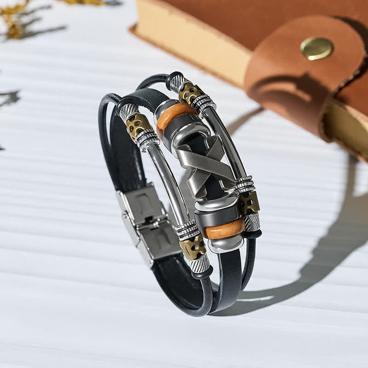 Bracelet manchette vintage punk en cuir et boucle de montre en acier inoxydable - Noir - image 3