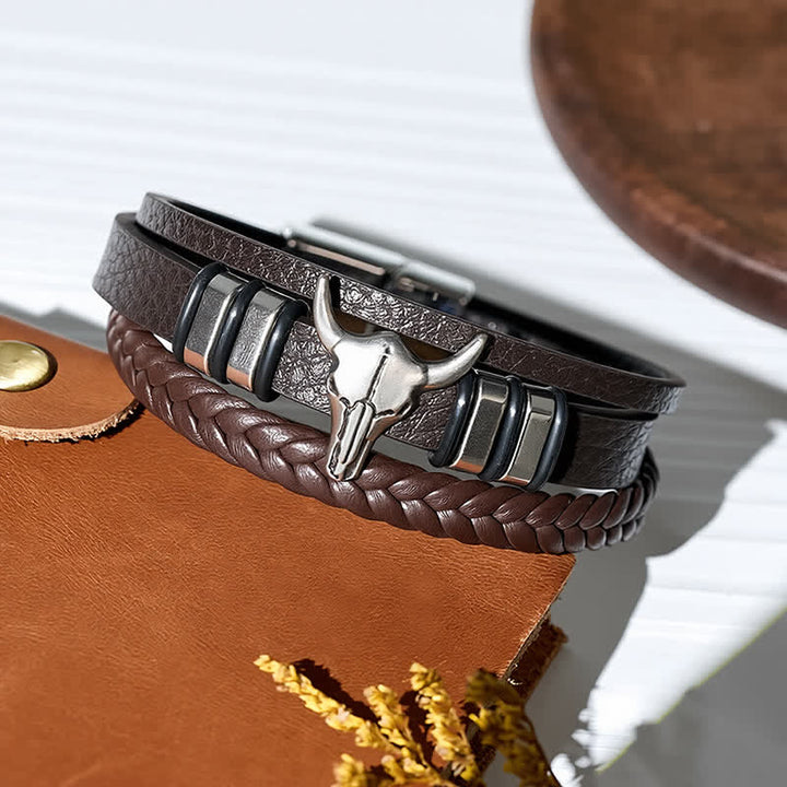 Bracelet en cuir tressé multicouche à motif tête de taureau style western - image 5