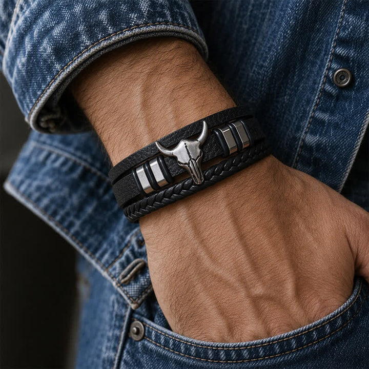 Bracelet en cuir tressé multicouche à motif tête de taureau style western - image 1
