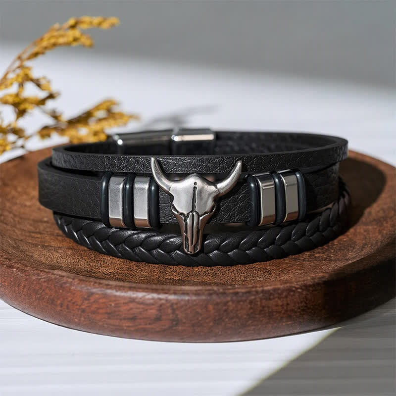 Bracelet en cuir tressé multicouche à motif tête de taureau style western - Noir - image 0