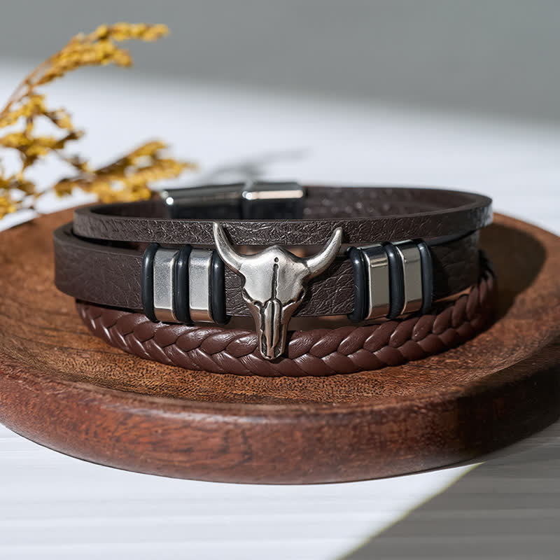 Bracelet en cuir tressé multicouche à motif tête de taureau style western - Café - image 3