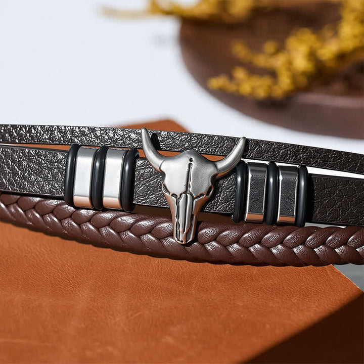 Bracelet en cuir tressé multicouche à motif tête de taureau style western - image 6