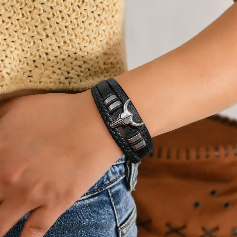 Bracelet en cuir tressé multicouche à motif tête de taureau style western - image 2