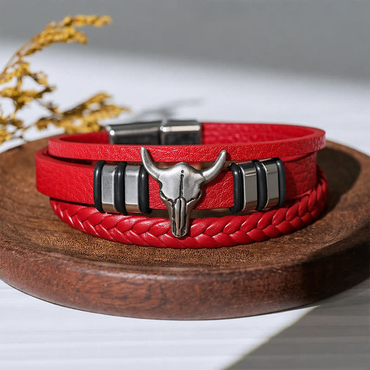 Bracelet en cuir tressé multicouche à motif tête de taureau style western - Rouge - image 8