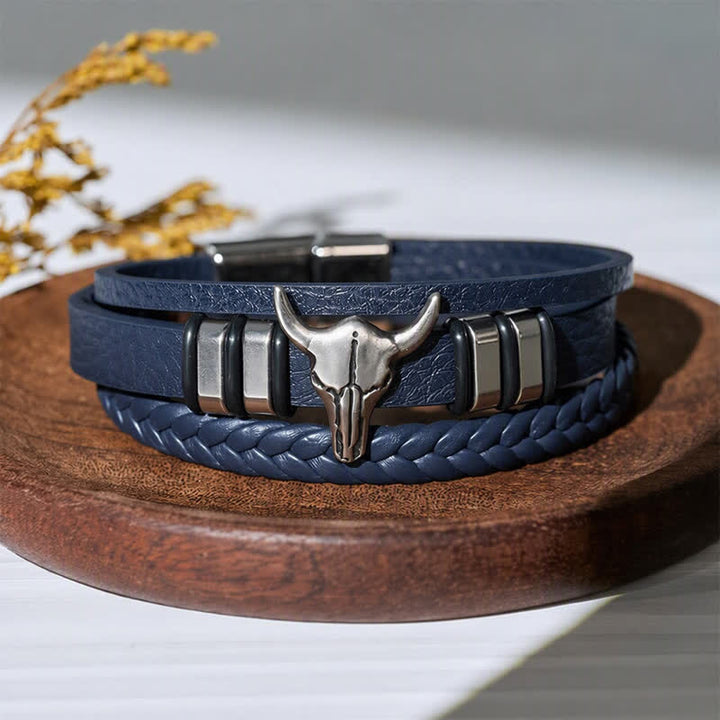Bracelet en cuir tressé multicouche à motif tête de taureau style western - Bleu royal - image 7