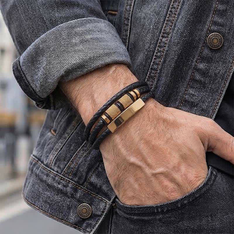 Bracelet minimaliste géométrique en cuir tressé à plusieurs rangs - image 1