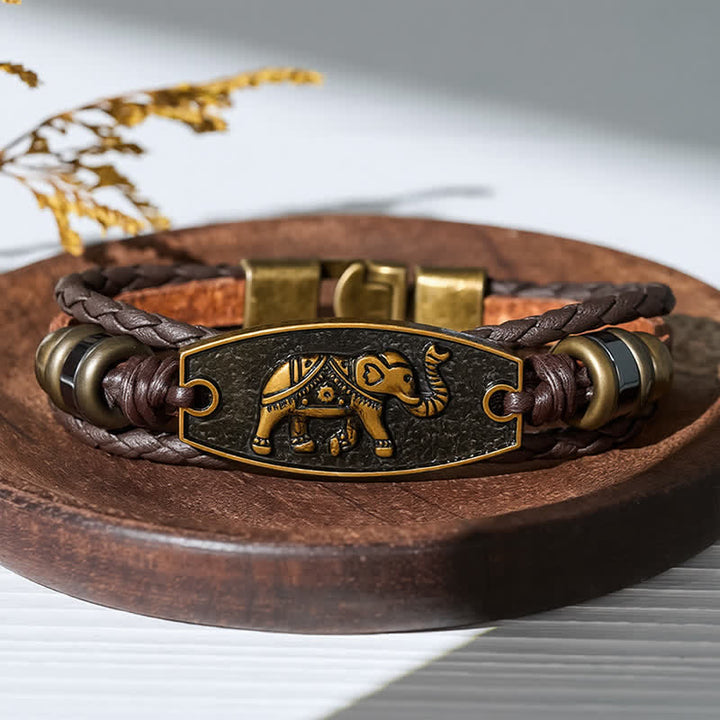 Bracelet vintage en bronze antique et cuir tressé multicouche - Éléphant - image 10