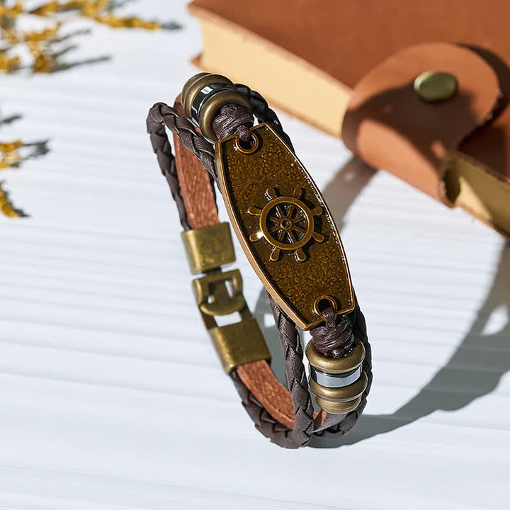 Bracelet vintage en bronze antique et cuir tressé multicouche - Gouvernail - image 8