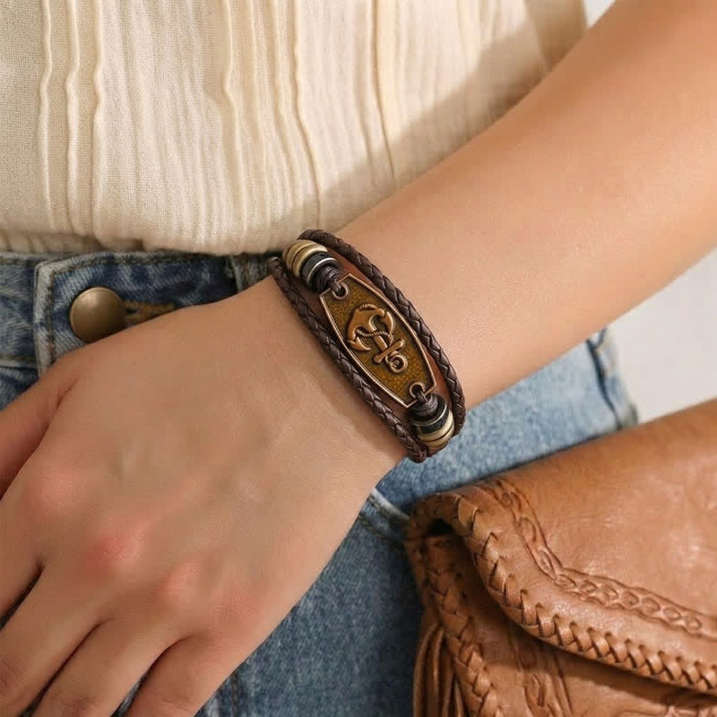 Bracelet vintage en bronze antique et cuir tressé multicouche - image 1