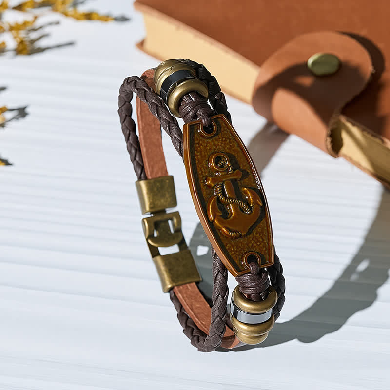 Bracelet vintage en bronze antique et cuir tressé multicouche - Ancre - image 0