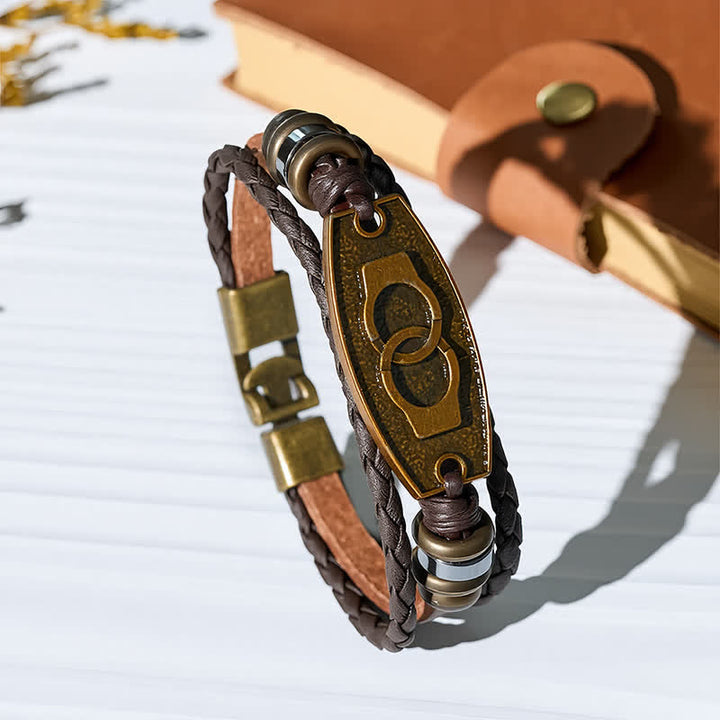 Bracelet vintage en bronze antique et cuir tressé multicouche - Menottes - image 3