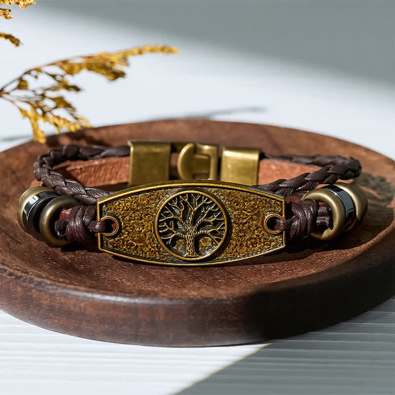 Bracelet vintage en bronze antique et cuir tressé multicouche - Arbre de la vie - image 9